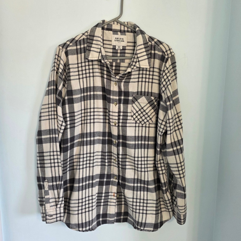 Field & Stream Womens 2XL Black White Plaid Flannel Button Down Shirt Cotton Bld